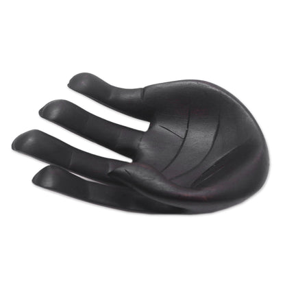 Black Palm Hand-Carved Wood Sculpture of a Hand in Black from Indonesia