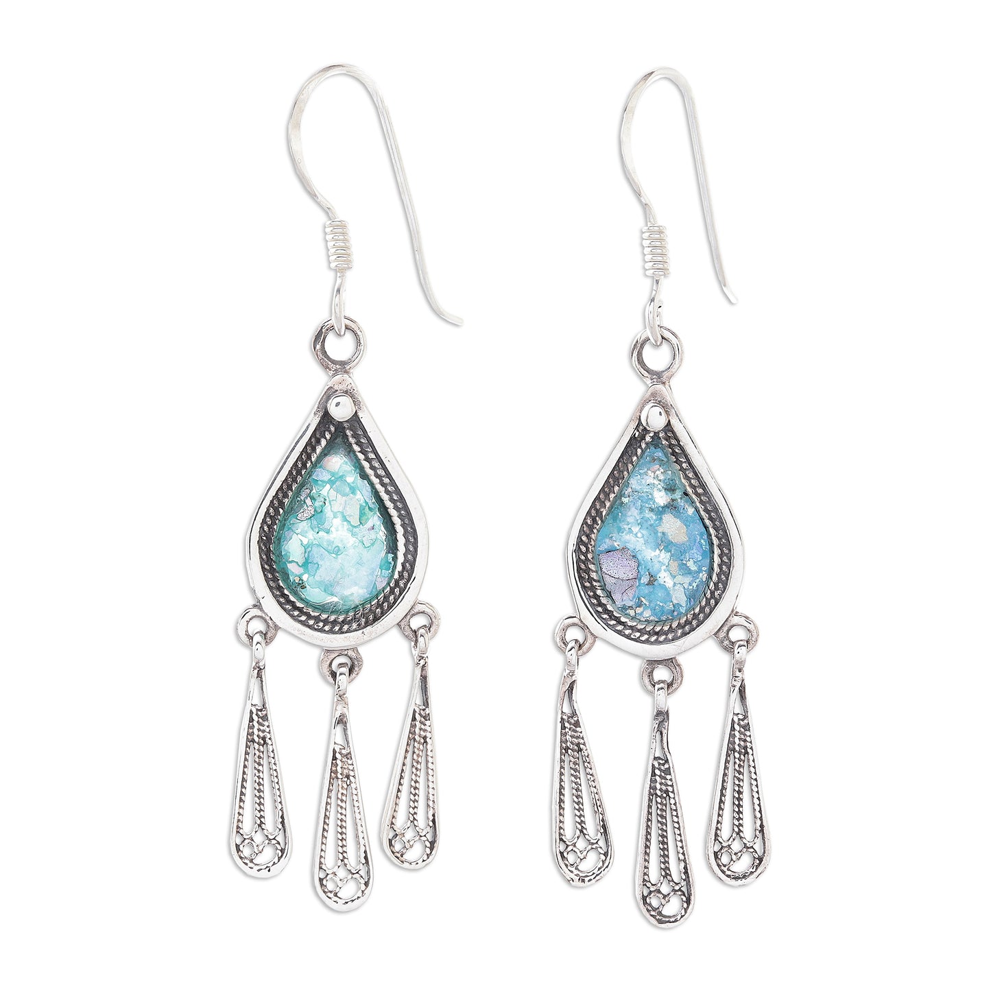 Ancient Rain Drop-Shaped Roman Glass Chandelier Earrings from Thailand