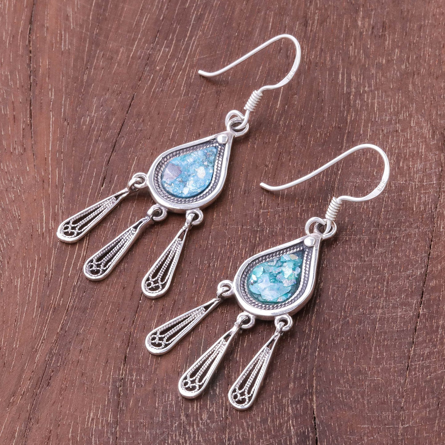 Ancient Rain Drop-Shaped Roman Glass Chandelier Earrings from Thailand