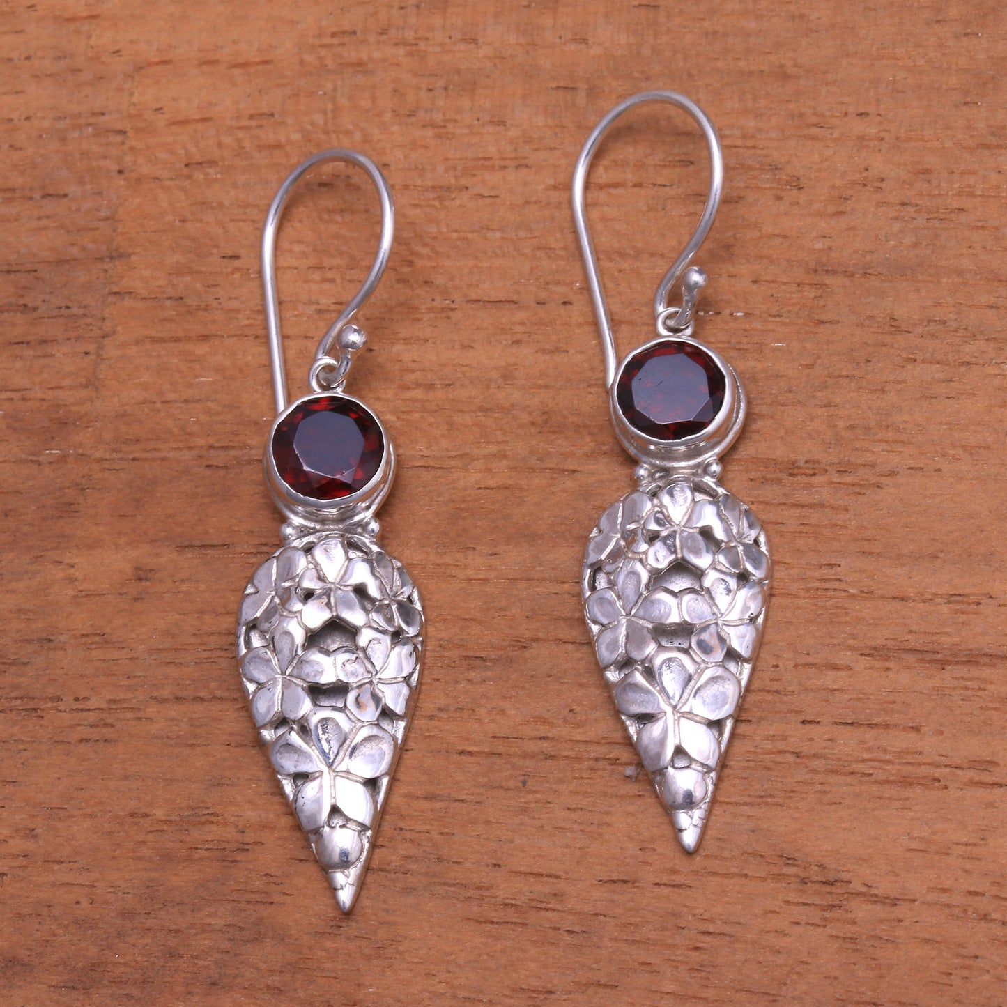 Brightest Beauty Floral Drop Garnet Dangle Earrings Crafted in Bali