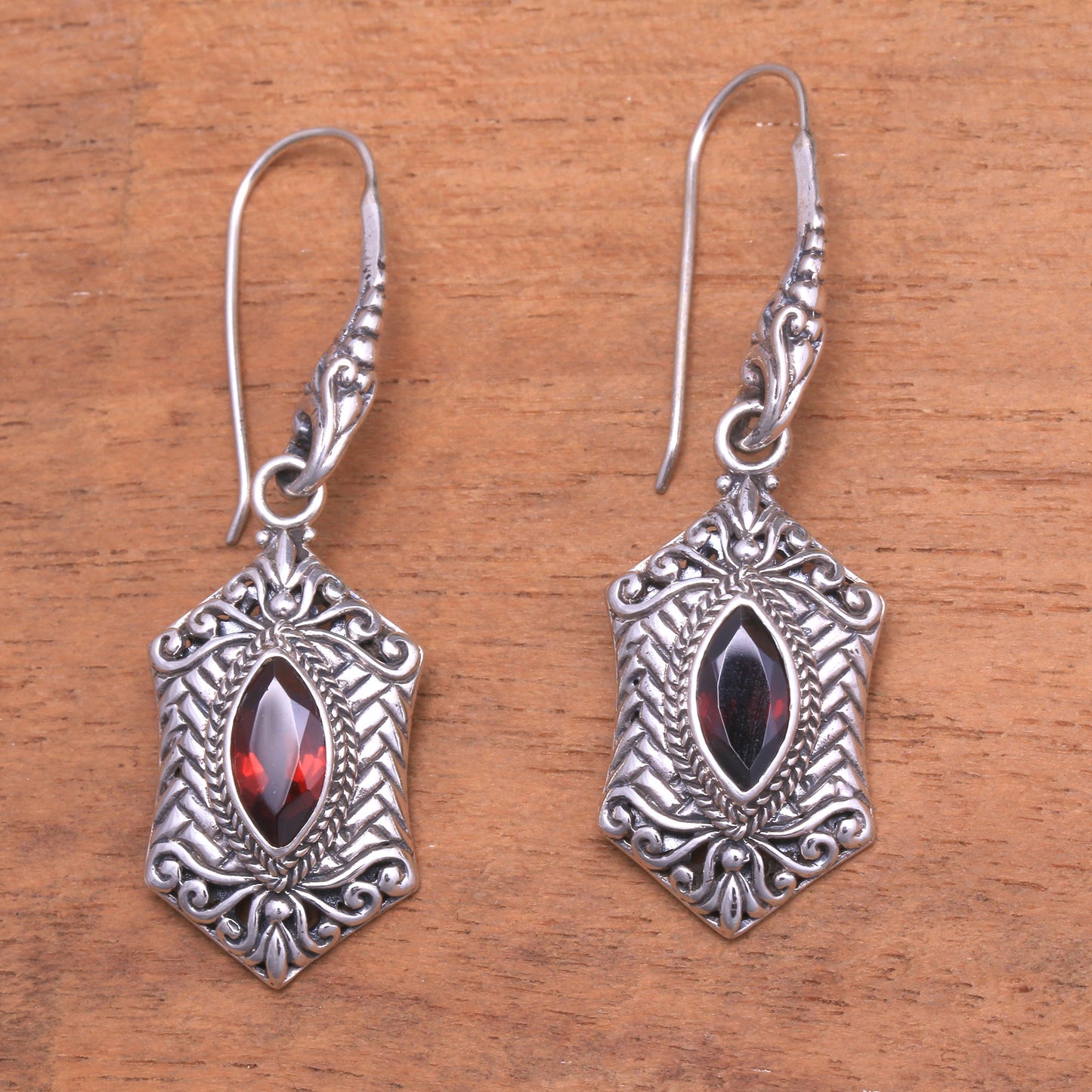 Sanur Elegance Weave Pattern Garnet Dangle Earrings from Bali