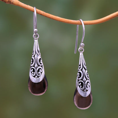 Sanur Elegance Weave Pattern Smoky Quartz Dangle Earrings from Bali