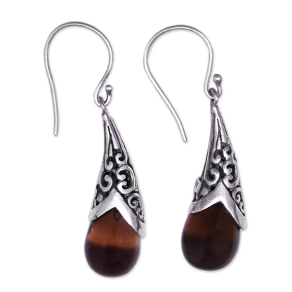 Sanur Elegance Weave Pattern Smoky Quartz Dangle Earrings from Bali