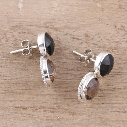 Twin Glitter Smoky Quartz and Onyx Drop Earrings from India