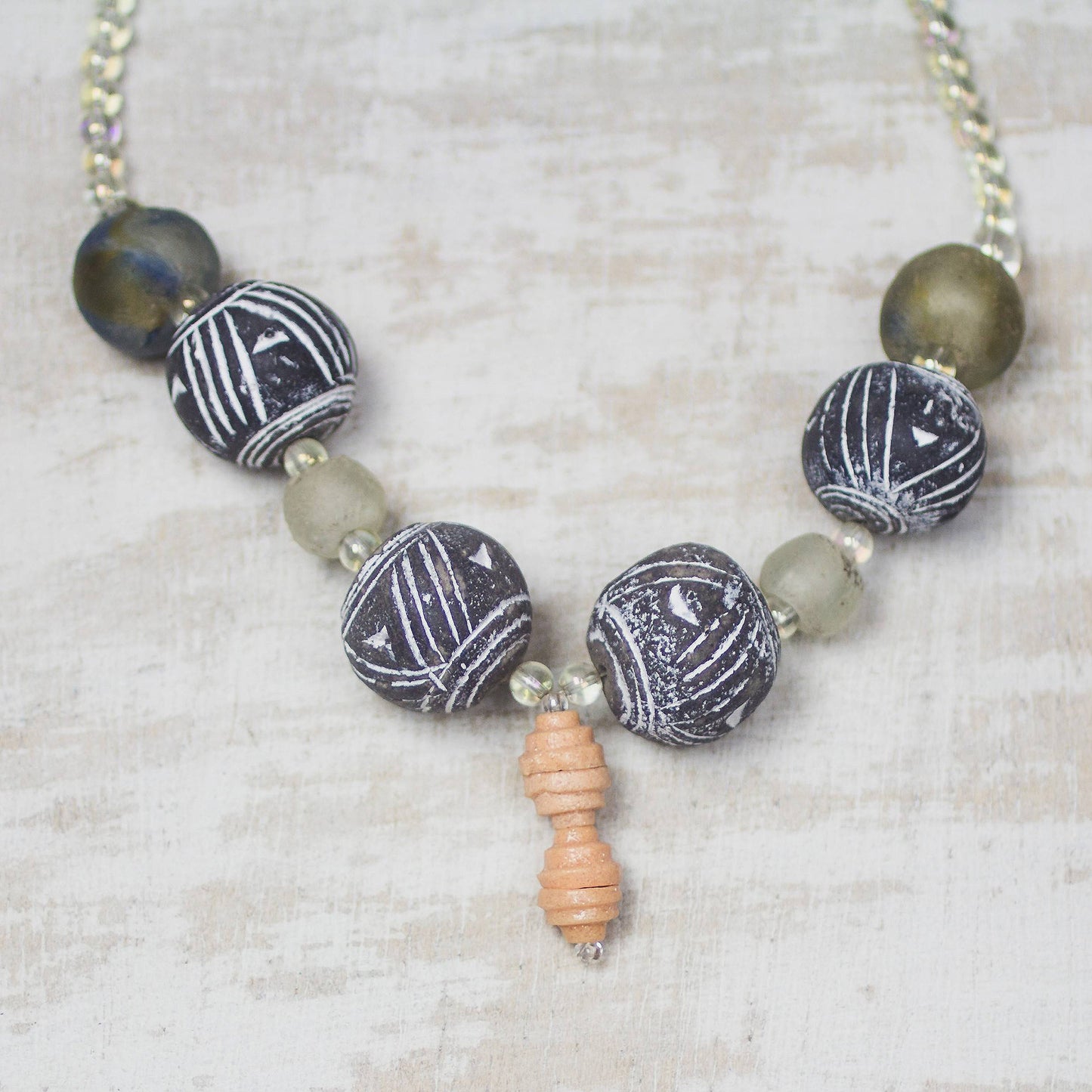 Elolo Beauty Ceramic and Recycled Glass Beaded Pendant Necklace