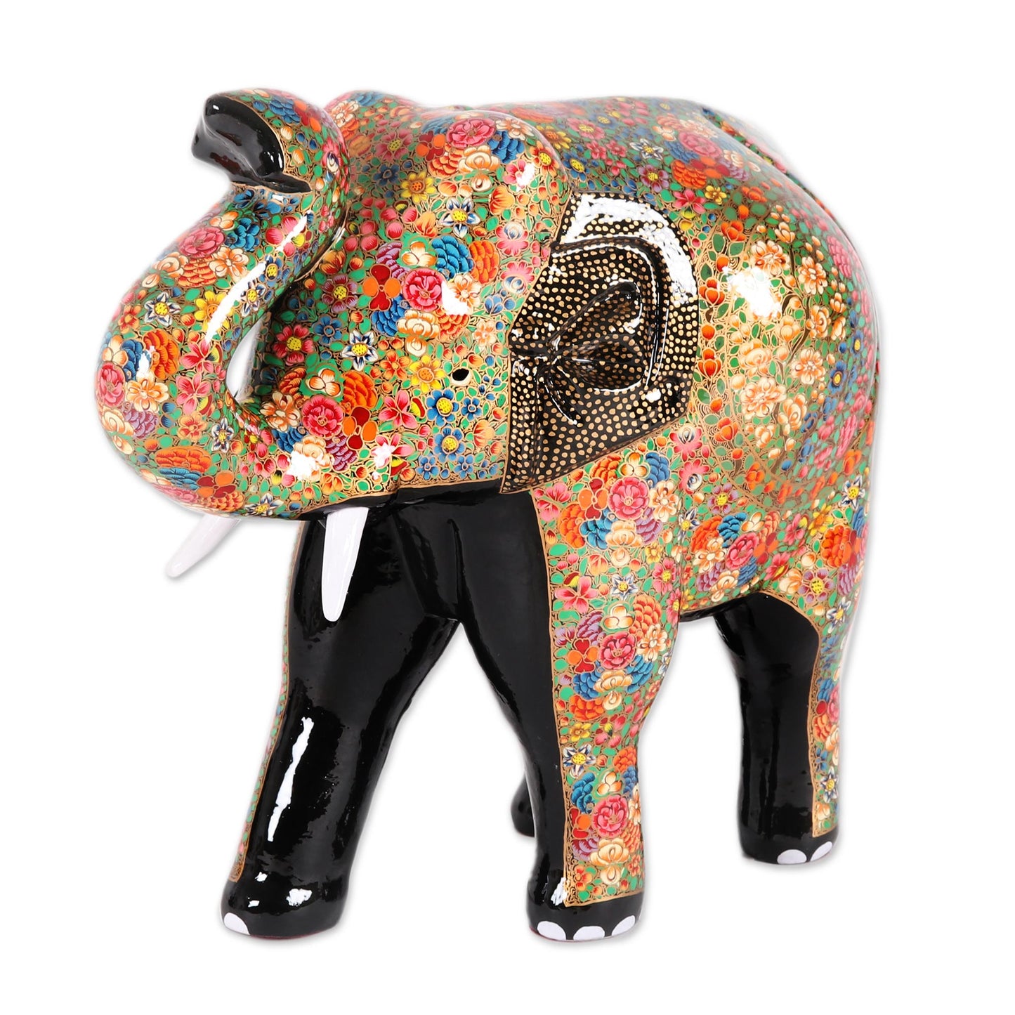 Royal Greeting Hand-Painted Floral Elephant Papier Mache Sculpture