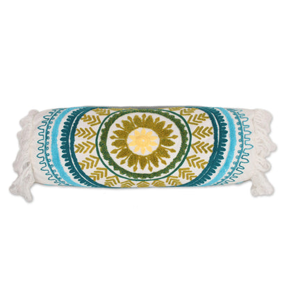 Mandala Glory Mandala Pattern Embroidered Cotton Bolster Cover from India