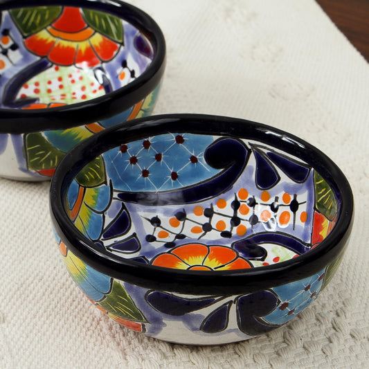 Raining Flowers Talavera Ceramic Condiment Bowls from Mexico (Pair)