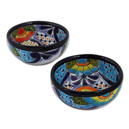 Raining Flowers Talavera Ceramic Condiment Bowls from Mexico (Pair)