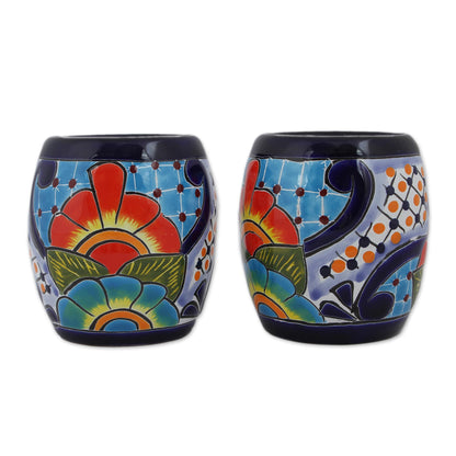 Raining Flowers Handmade Talavera Ceramic Juice Glasses from Mexico (Pair)