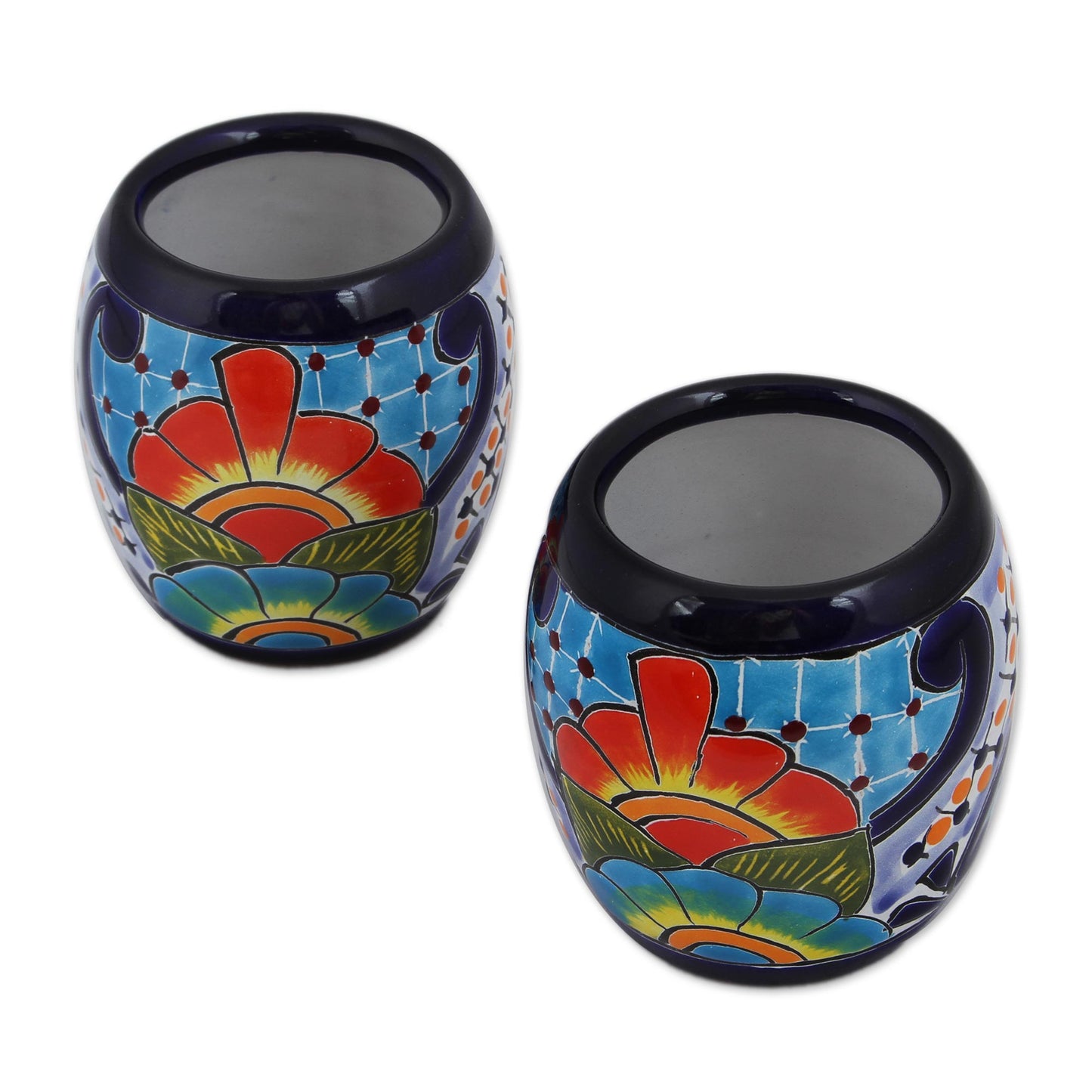 Raining Flowers Handmade Talavera Ceramic Juice Glasses from Mexico (Pair)