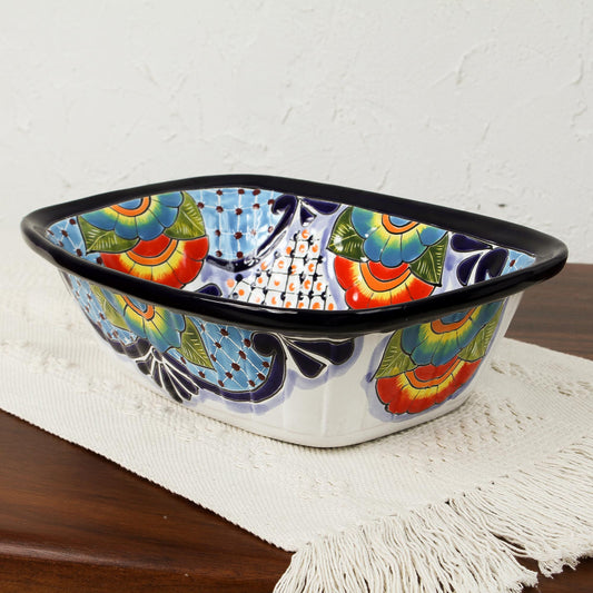 Raining Flowers Hand-Painted Talavera Ceramic Serving Bowl from Mexico