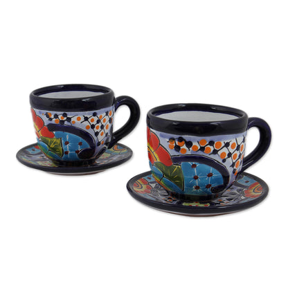 Raining Flowers Talavera Style Ceramic Cups and Saucers from Mexico (Pair)