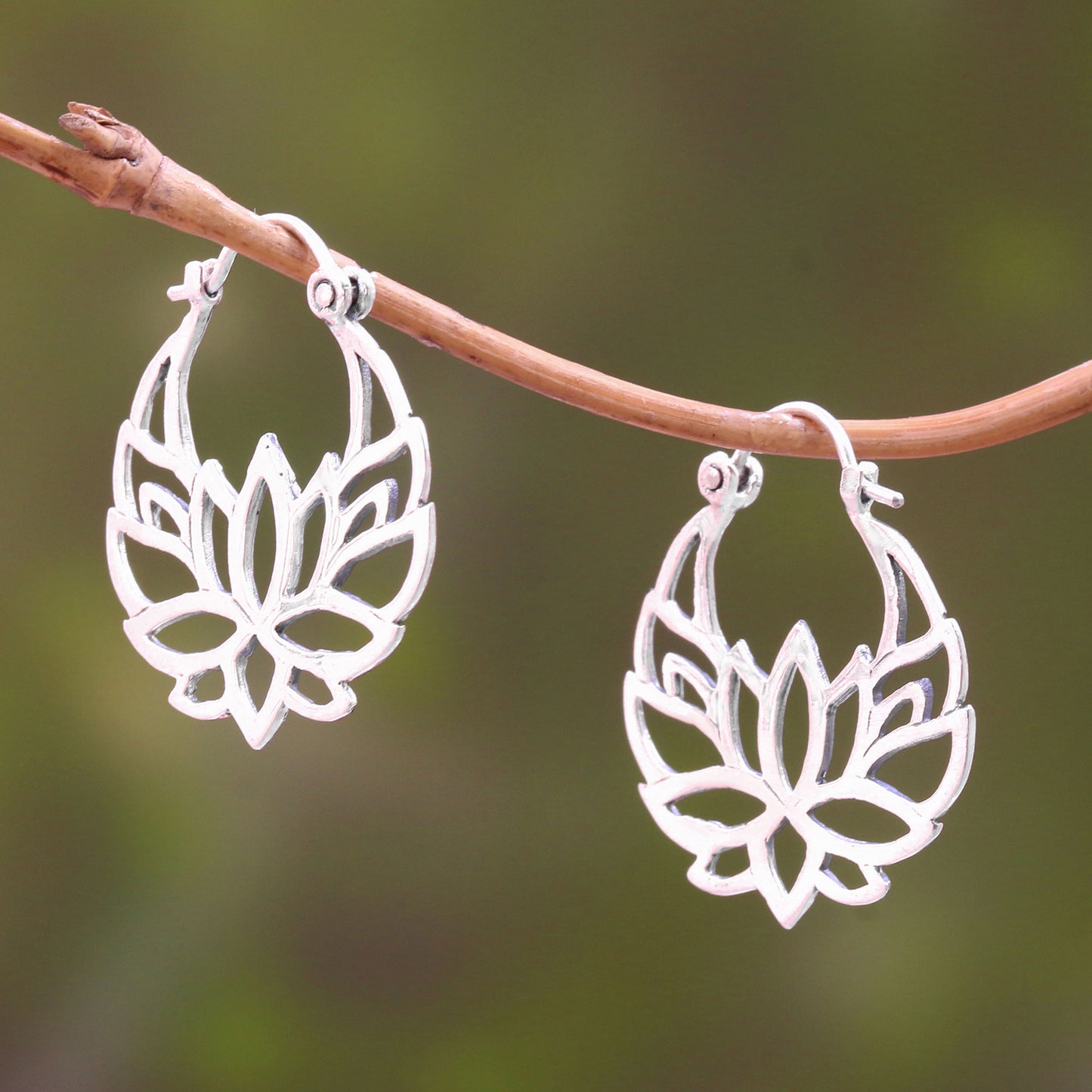 Elegant Padma Sterling Silver Lotus Flower Hoop Earrings (1 inch)