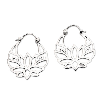 Elegant Padma Sterling Silver Lotus Flower Hoop Earrings (1 inch)