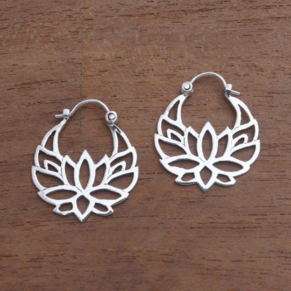 Elegant Padma Sterling Silver Lotus Flower Hoop Earrings (1 inch)