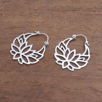 Elegant Padma Sterling Silver Lotus Flower Hoop Earrings (1 inch)