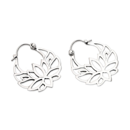 Elegant Padma Sterling Silver Lotus Flower Hoop Earrings (1 inch)