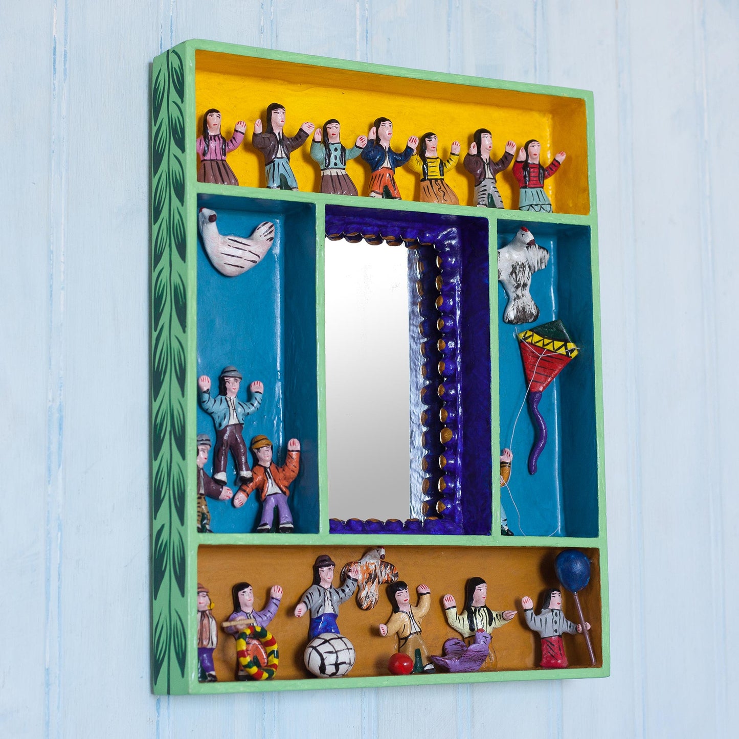 Children at Play Hand-Painted Wood Retablo Wall Mirror Crafted in Peru