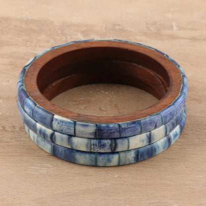 Blue Saga Blue Bone and Mango Wood Bangle Bracelets (Set of 3)