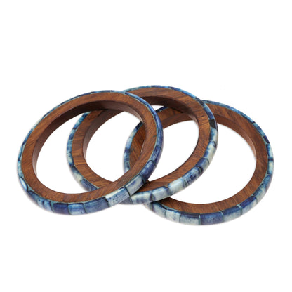 Blue Saga Blue Bone and Mango Wood Bangle Bracelets (Set of 3)