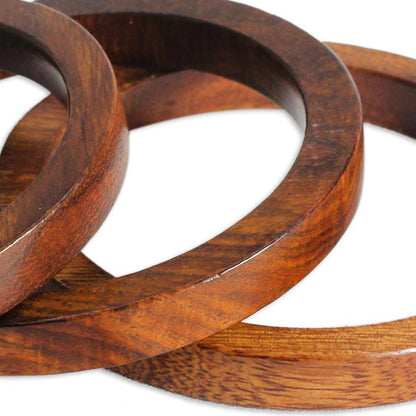 Fashionable Trio Set of 3 Hand-Carved Mango Wood Bangle Bracelets from India