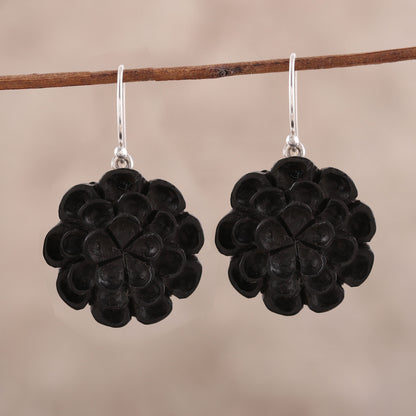 Marigold Shadow Hand-Carved Ebony Wood Marigold Dangle Earrings from India