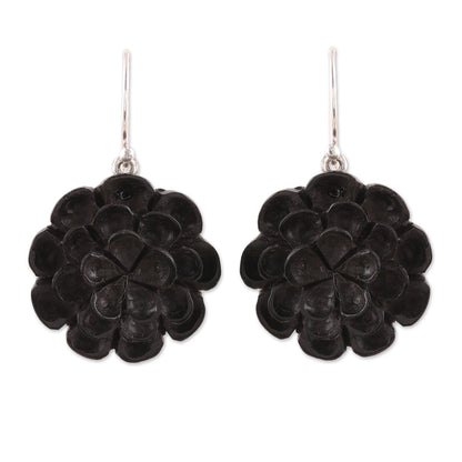 Marigold Shadow Hand-Carved Ebony Wood Marigold Dangle Earrings from India