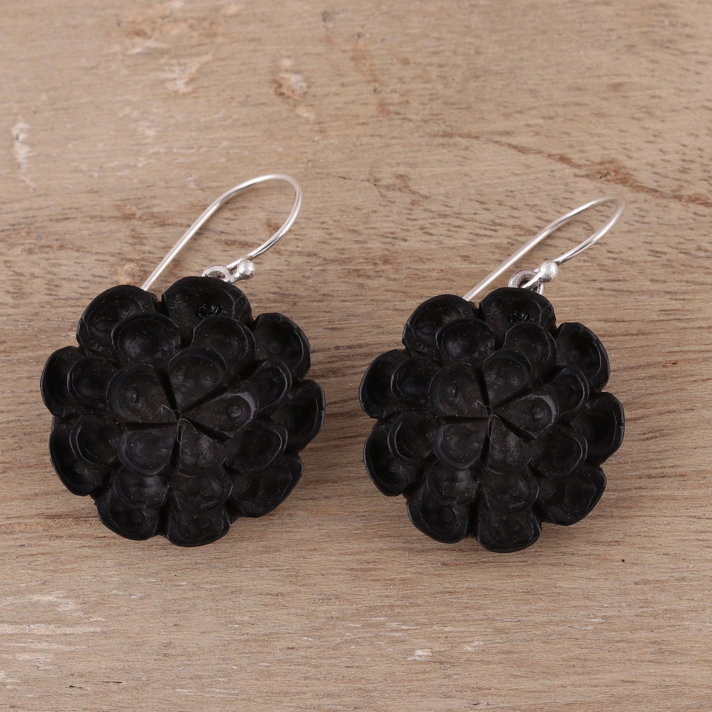 Marigold Shadow Hand-Carved Ebony Wood Marigold Dangle Earrings from India