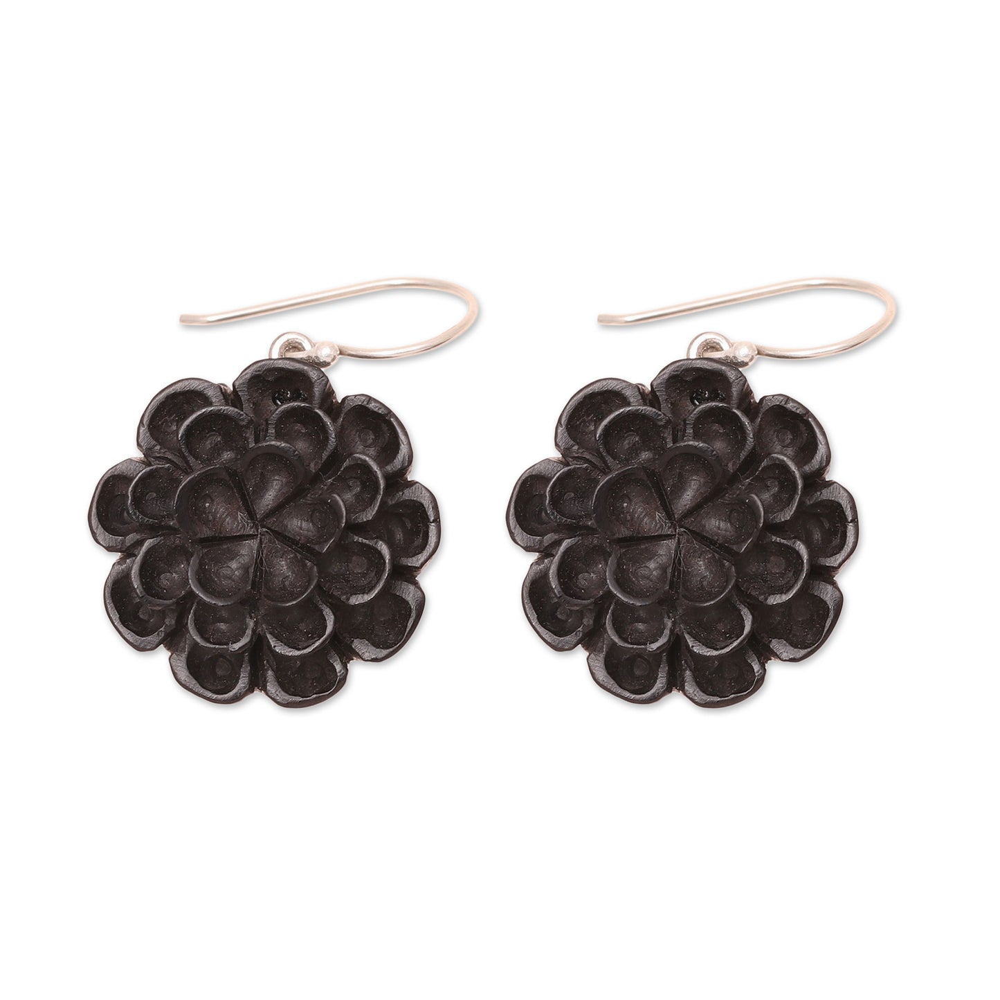 Marigold Shadow Hand-Carved Ebony Wood Marigold Dangle Earrings from India