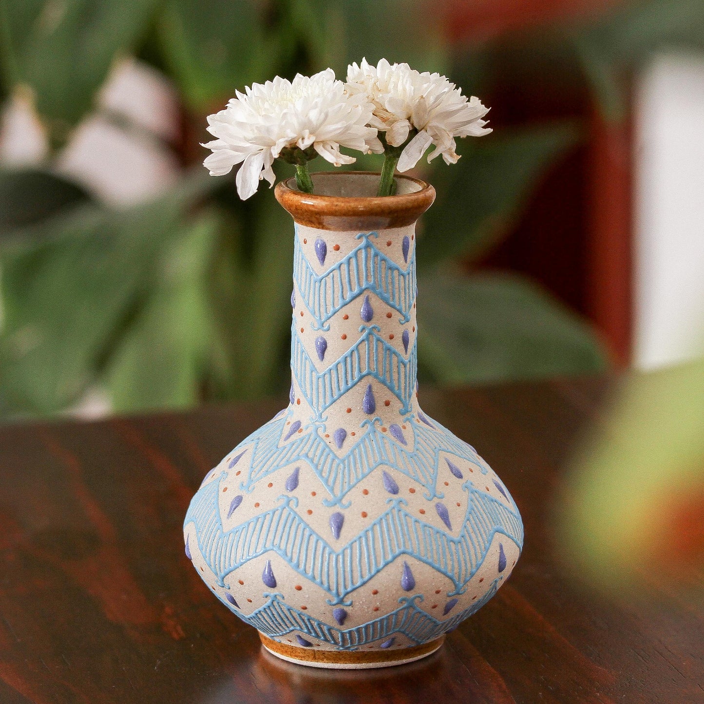 Chevron Tears Handcrafted Blue and Ivory Chevron Motif Ceramic Flower Vase