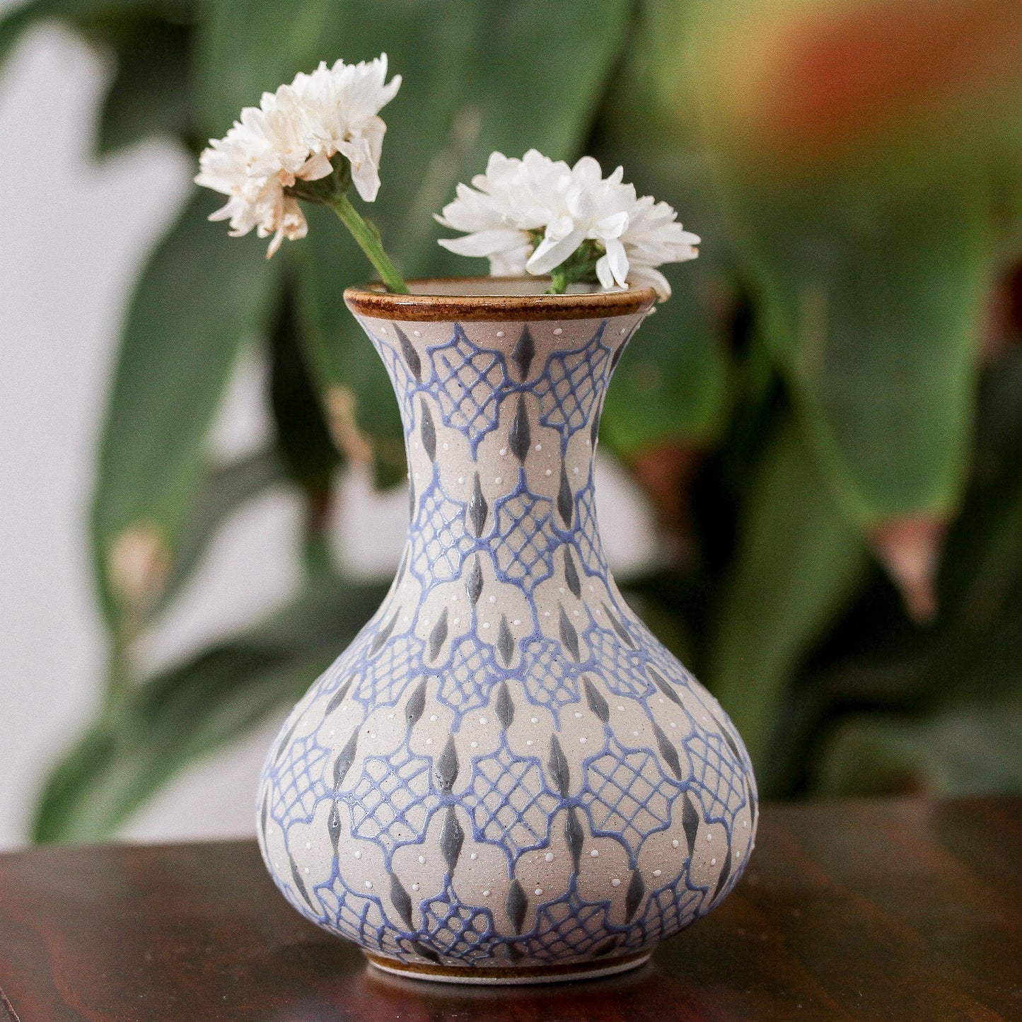 Web of Dew Handcrafted Blue and Grey Patterned Ceramic Flower Vase