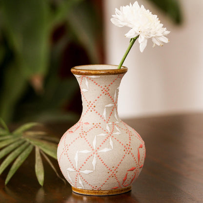 Windmill Trellis Bloom Paprika Red and White Trellis Motif Ceramic Fluted Vase