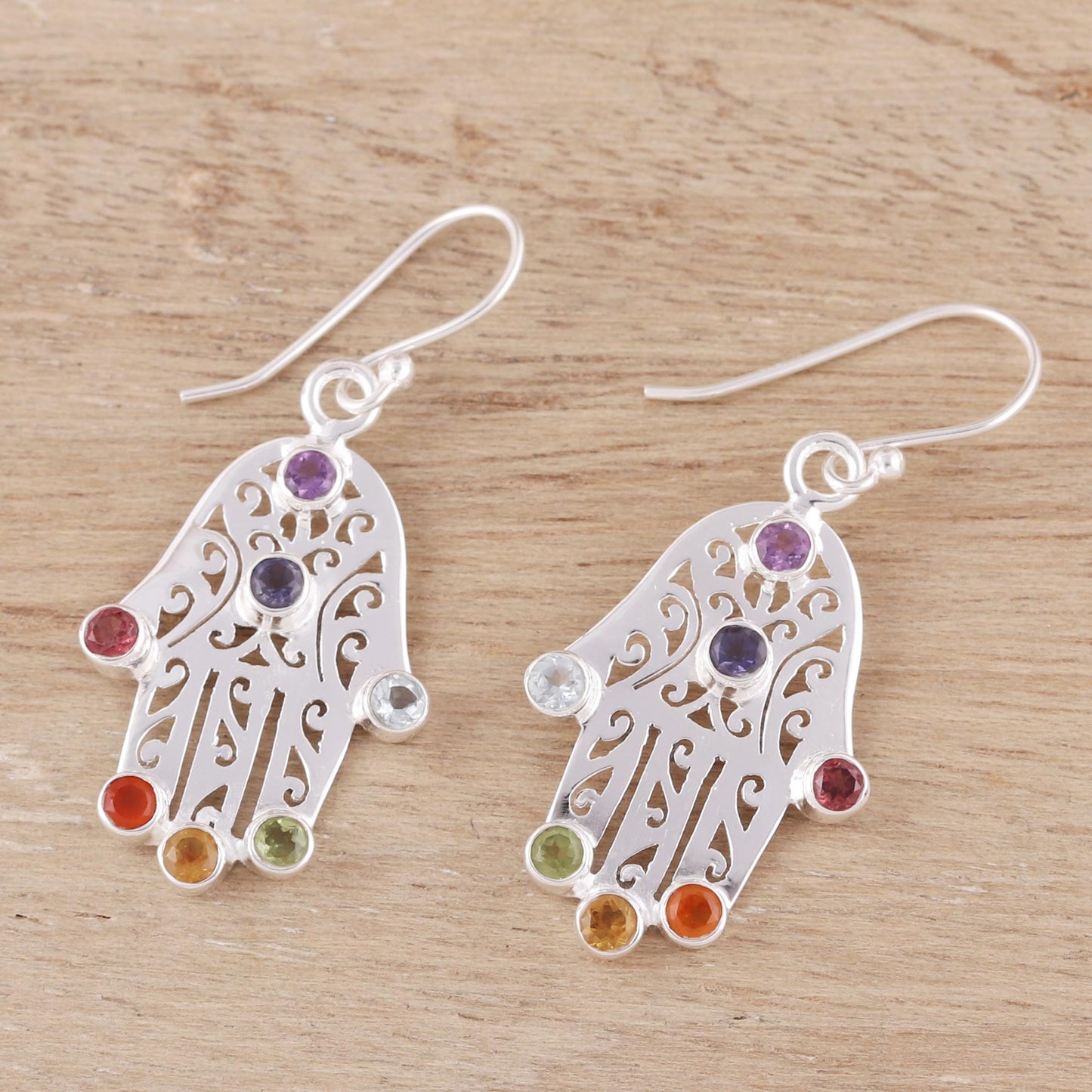 Hamsa Chakra Multi-Gemstone Hamsa Chakra Dangle Earrings from India