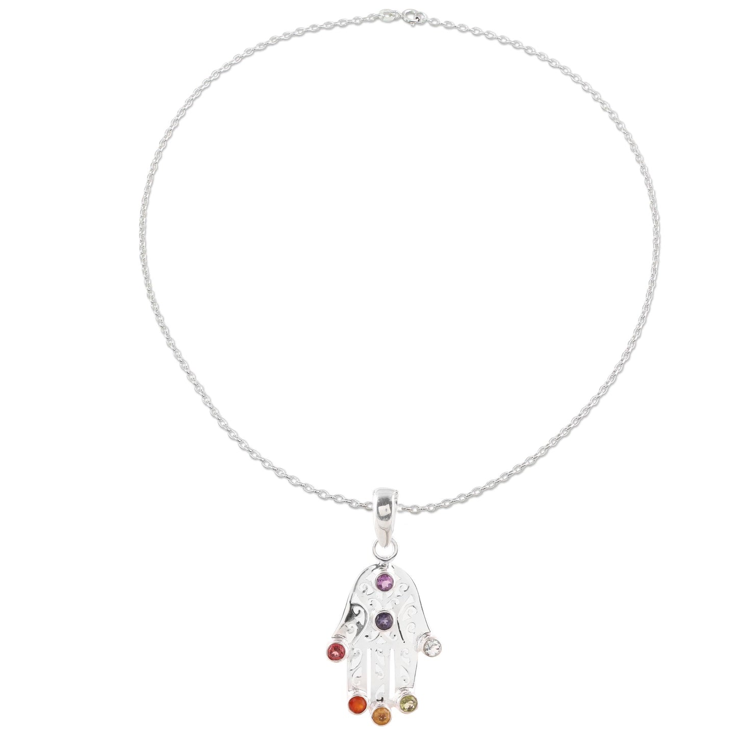 Hamsa Chakra Multi-Gemstone Hamsa Chakra Pendant Necklace from India