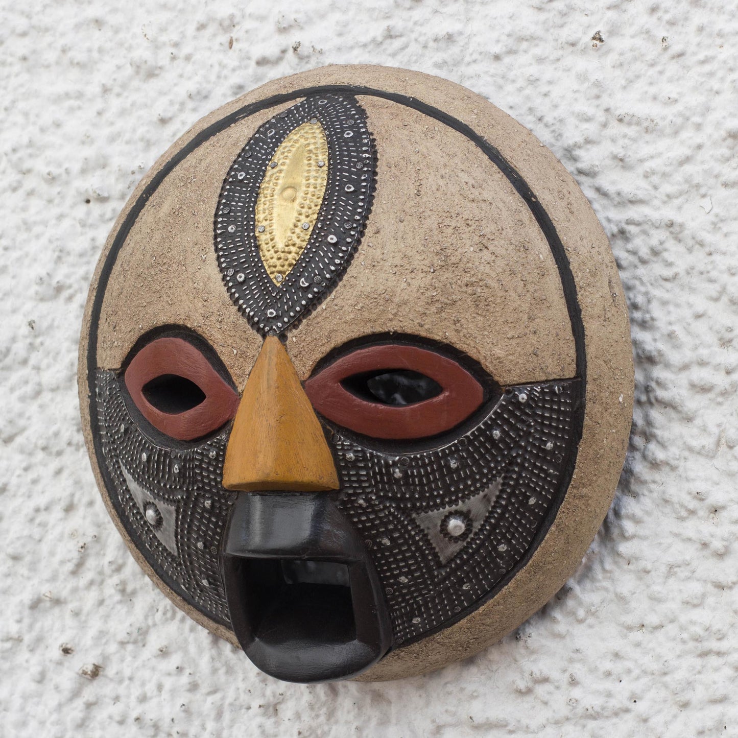 Third Eye Round African Wood Mask with Brass and Aluminum Accents