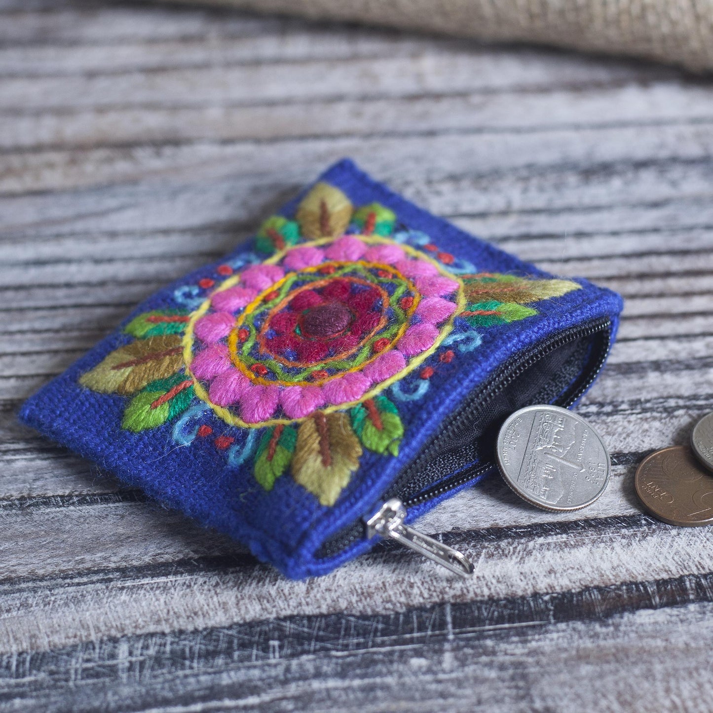 Fantastic Mandala Floral Embroidered Alpaca Blend Coin Purse in Blue