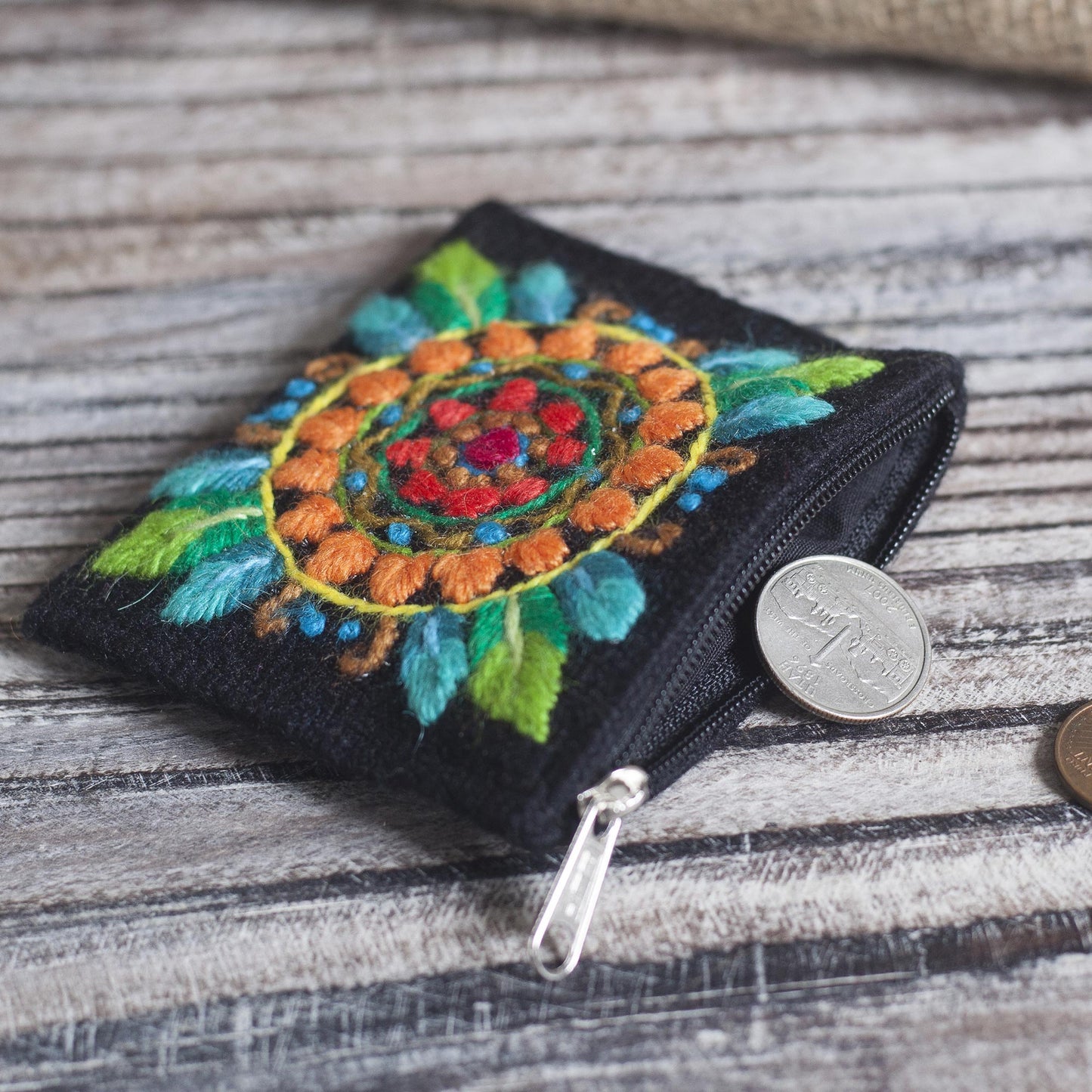 Colorful Mandala Floral Embroidered Alpaca Blend Coin Purse in Black