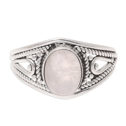 Gleaming Appeal Oval Rainbow Moonstone Cocktail Ring from India