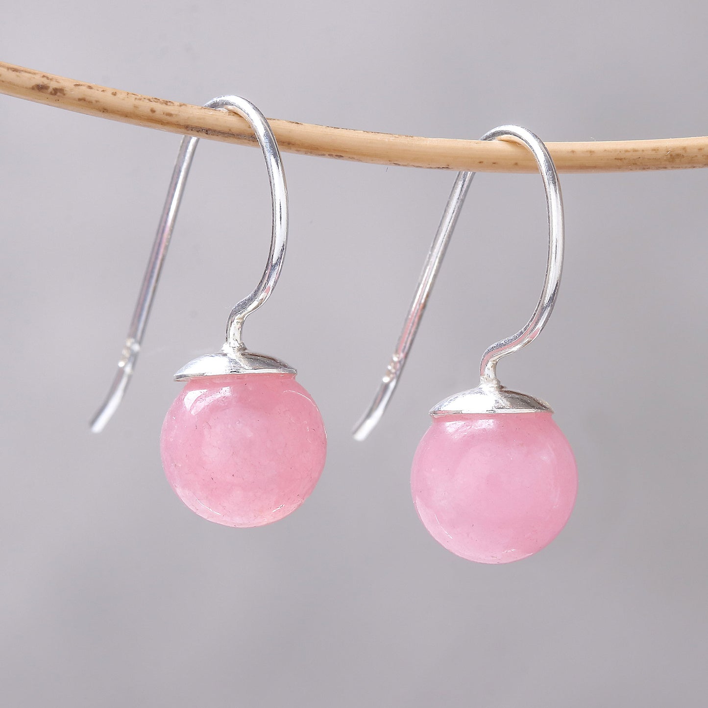 Beautiful Orbs Round Rose Quartz Drop Earrings from Thailand