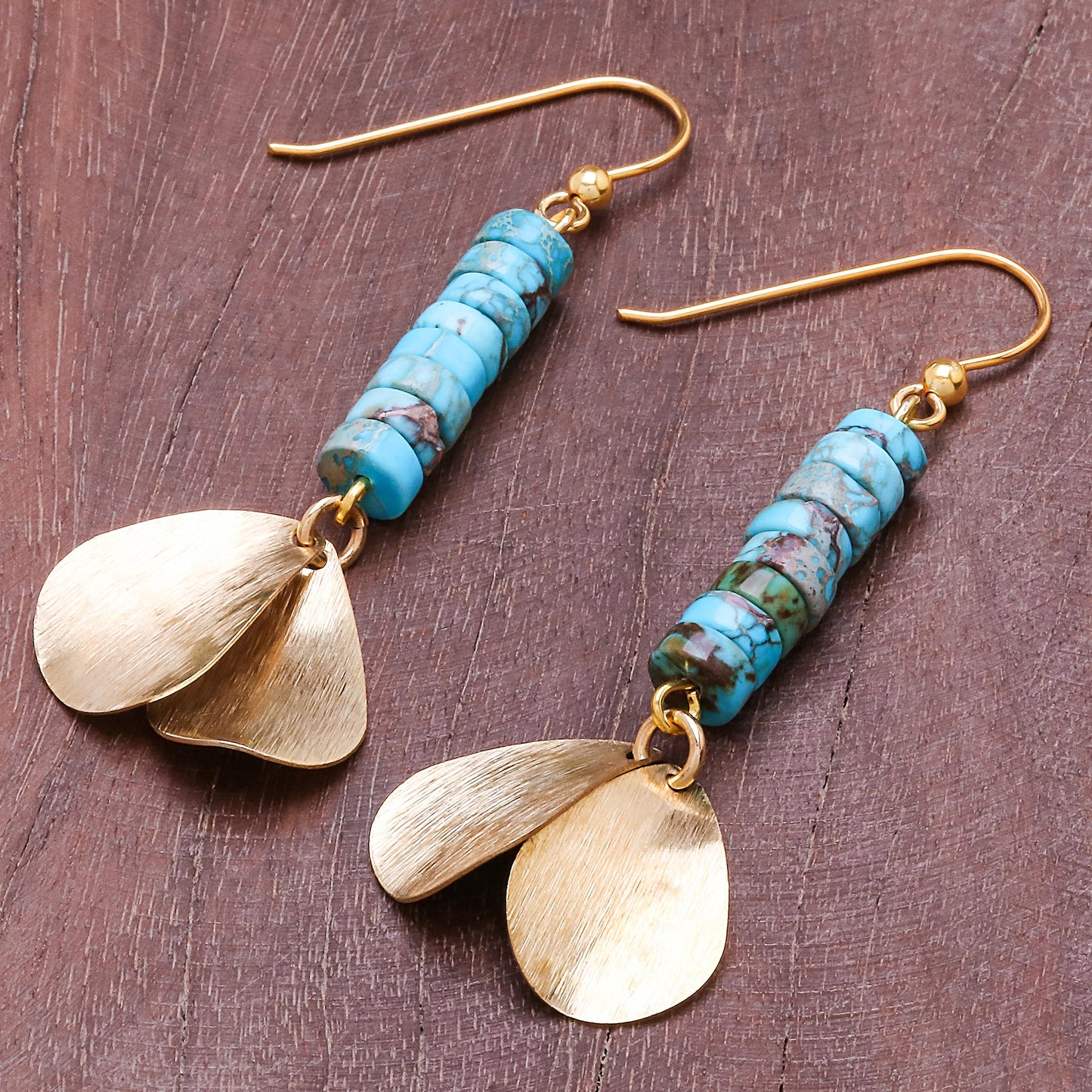 Sea Gold Brass and Reconstituted Turquoise Dangle Earrings