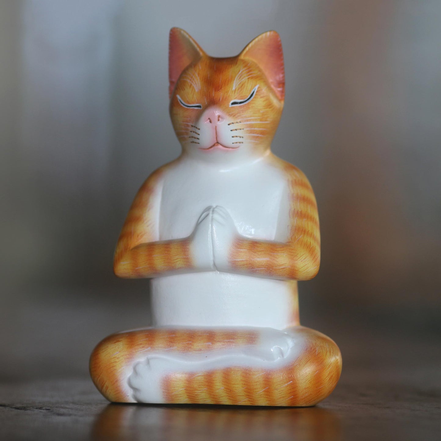 Meditation Cat in Orange Signed Wood Sculpture of a Meditating Cat in Orange