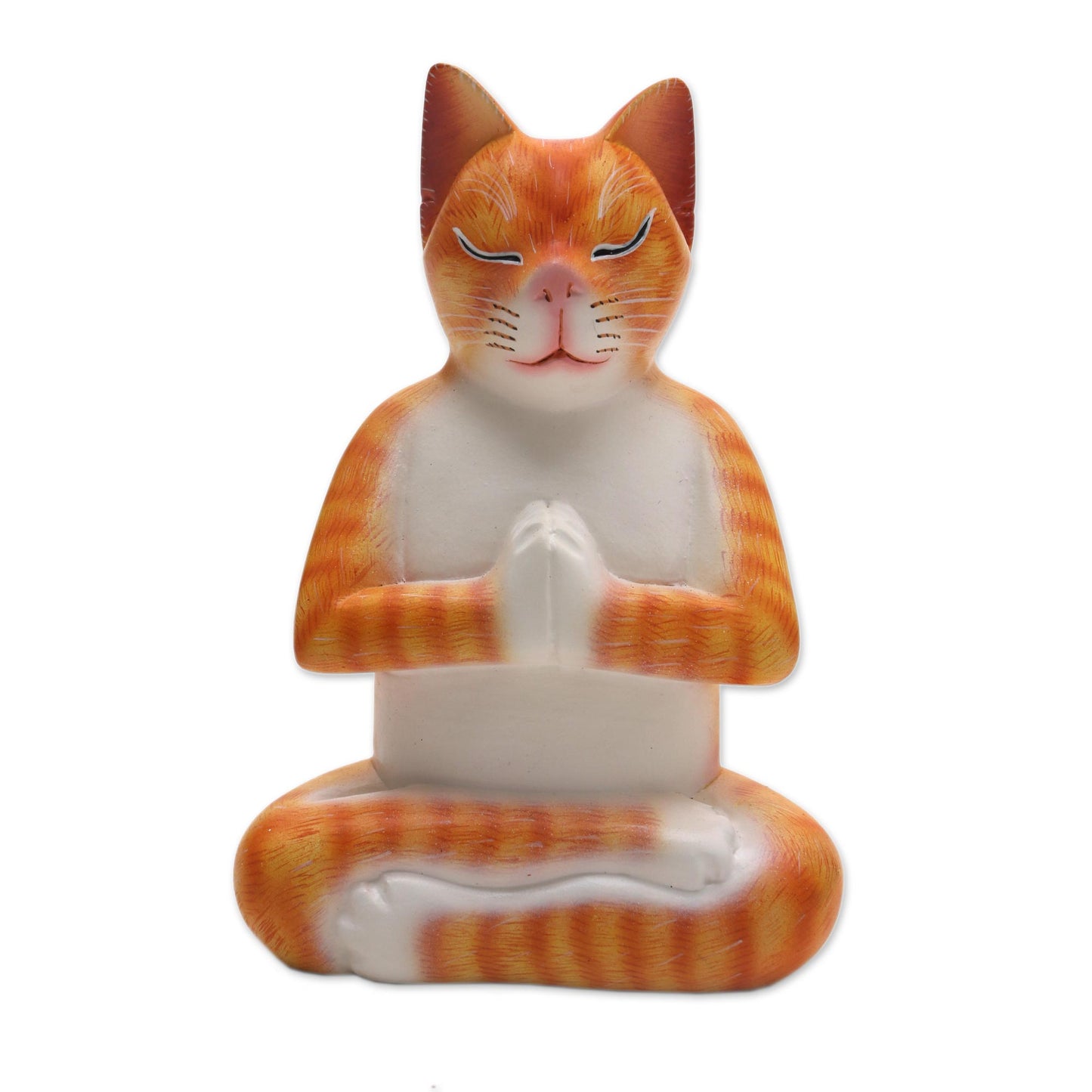 Meditation Cat in Orange Signed Wood Sculpture of a Meditating Cat in Orange