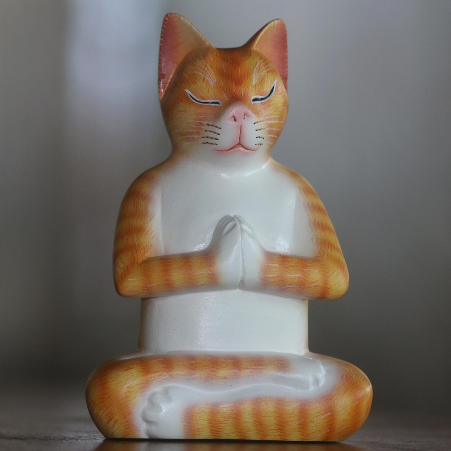 Meditation Cat in Orange Signed Wood Sculpture of a Meditating Cat in Orange