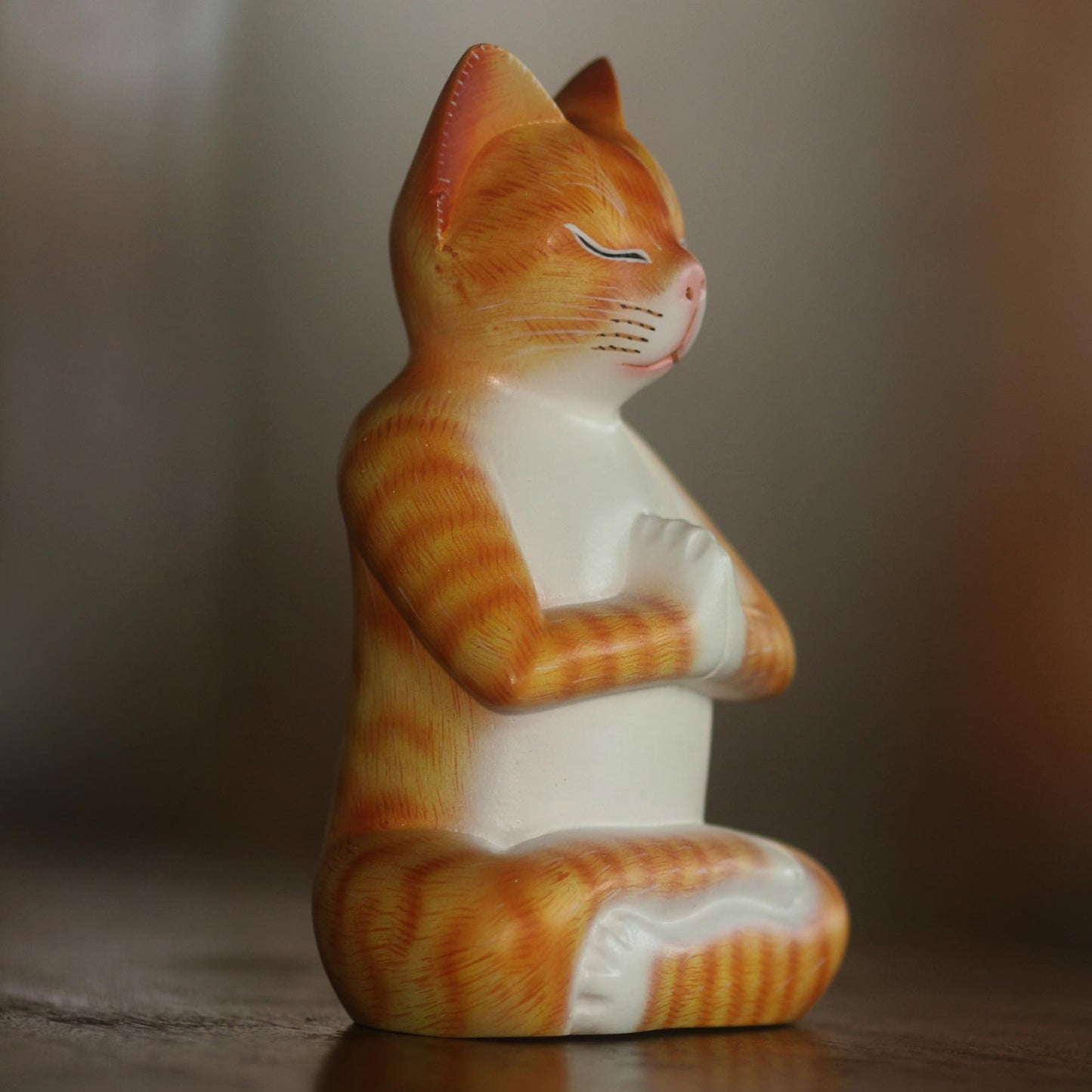 Meditation Cat in Orange Signed Wood Sculpture of a Meditating Cat in Orange