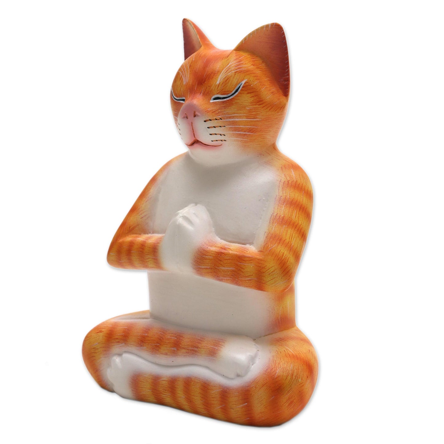 Meditation Cat in Orange Signed Wood Sculpture of a Meditating Cat in Orange