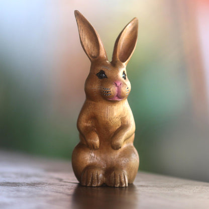 Cute Bunny in Brown Signed Wood Bunny Sculpture in Brown from Bali