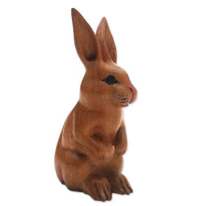 Cute Bunny in Brown Signed Wood Bunny Sculpture in Brown from Bali