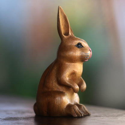 Cute Bunny in Brown Signed Wood Bunny Sculpture in Brown from Bali