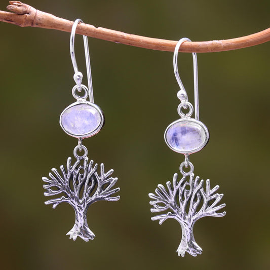 Enlightenment Tree Rainbow Moonstone Tree Dangle Earrings from Bali